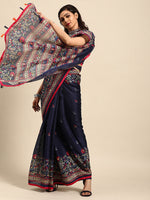 Thumbnail for Saree Mall Navy Blue & Red Floral Jute Silk Block Print Sarees - Distacart