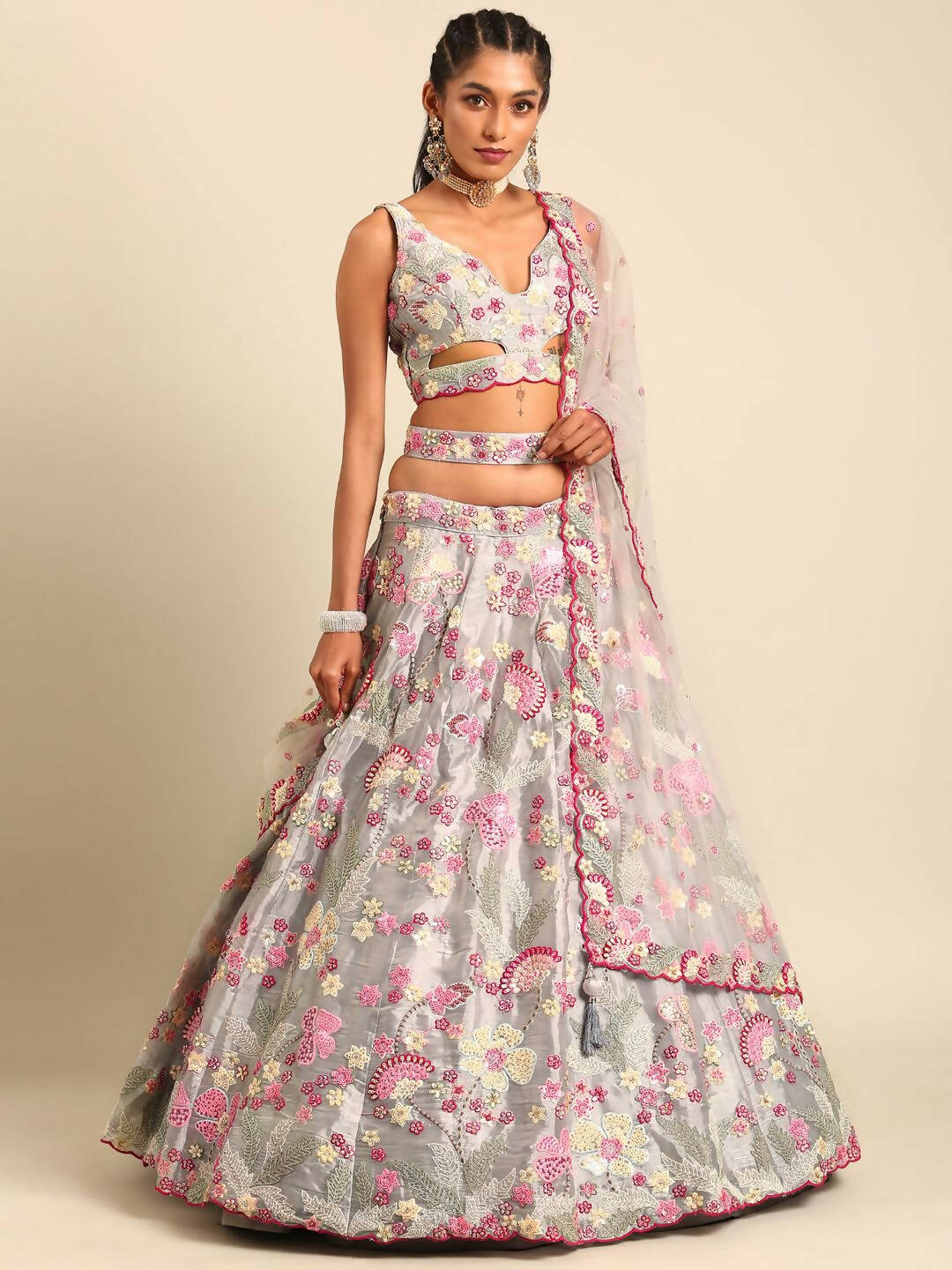 House of Panchhi Grey Organza Sequins and Zarkan embroidery Lehenga choli & Dupatta - Distacart