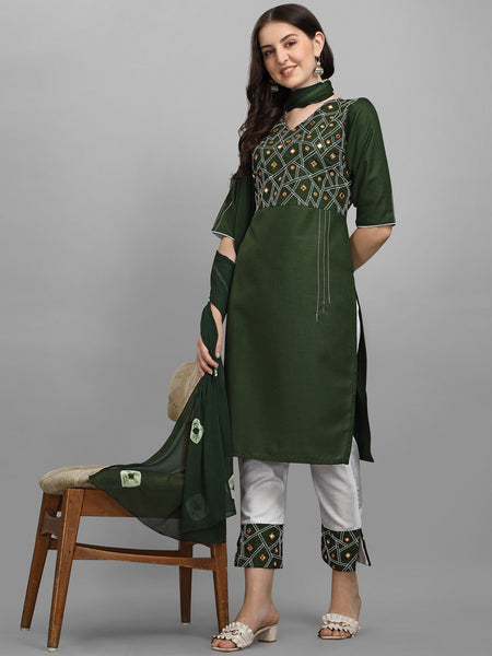 Kalini Women Green Embroidered Mirror Work Kurta with Trousers & With Dupatta - Distacart