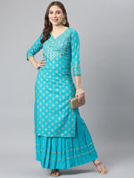 Thumbnail for Kalini Women Turquoise Blue Ethnic Motifs Printed Gotta Patti Kurta with Skirt - Distacart