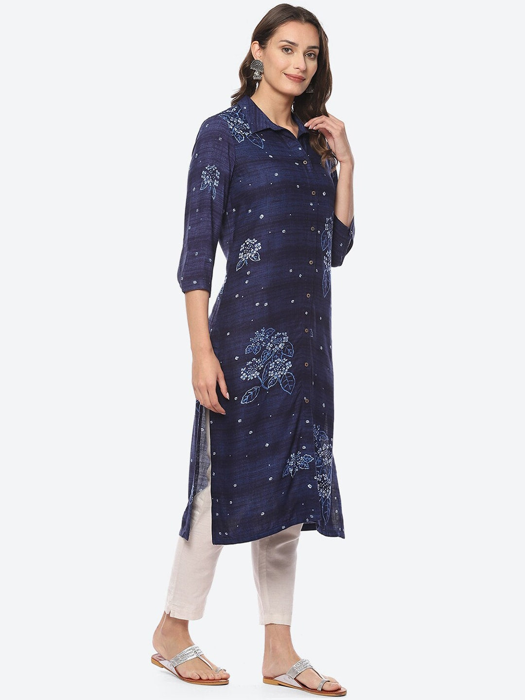 Biba Shirt Collar Floral Printed Kurta - Distacart