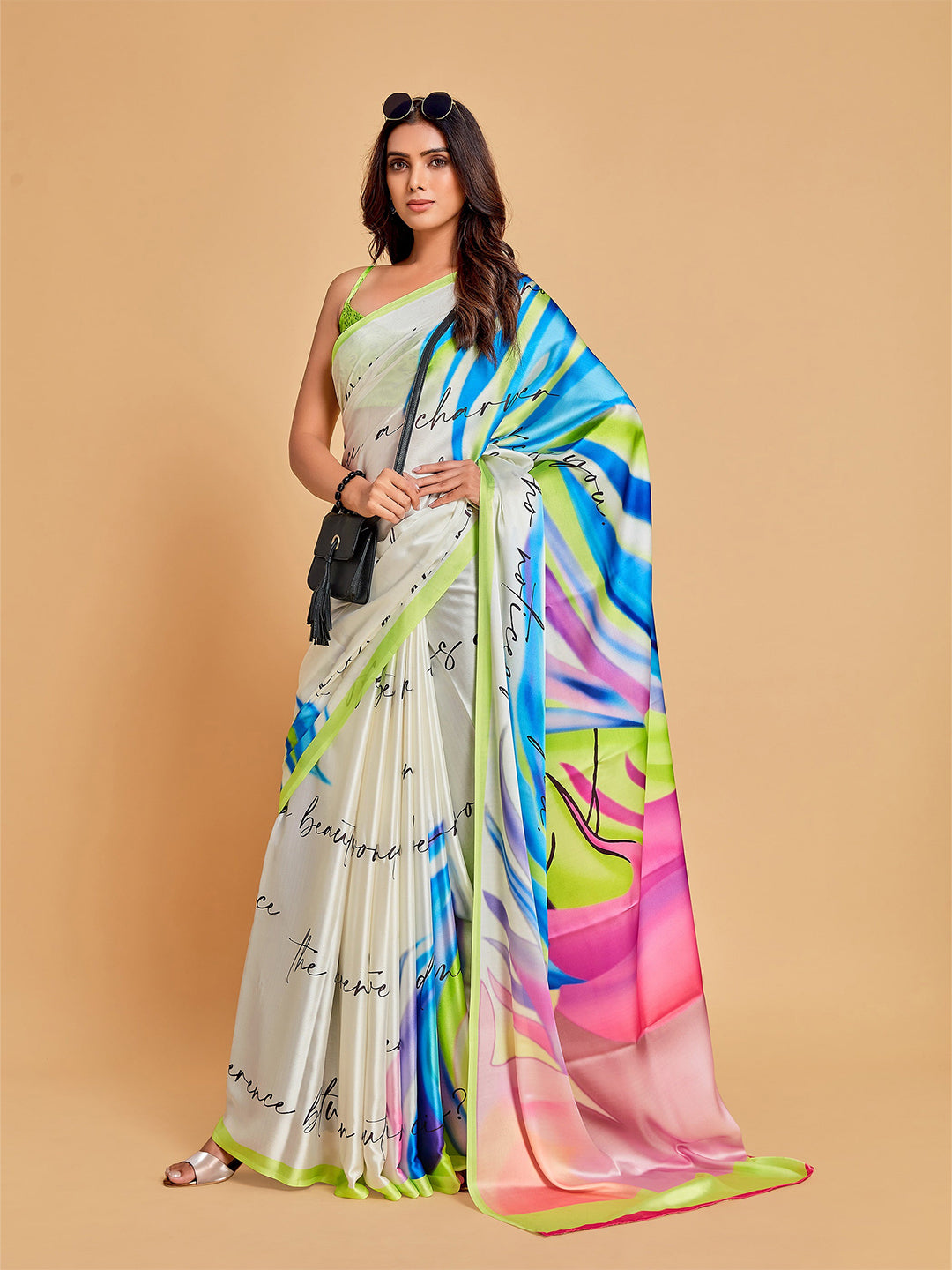 Sangria White & Blue Satin Saree - Distacart