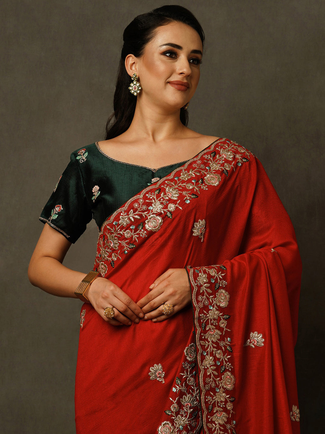 Mitera Red & Green Ethnic Motifs Embroidered Saree - Distacart