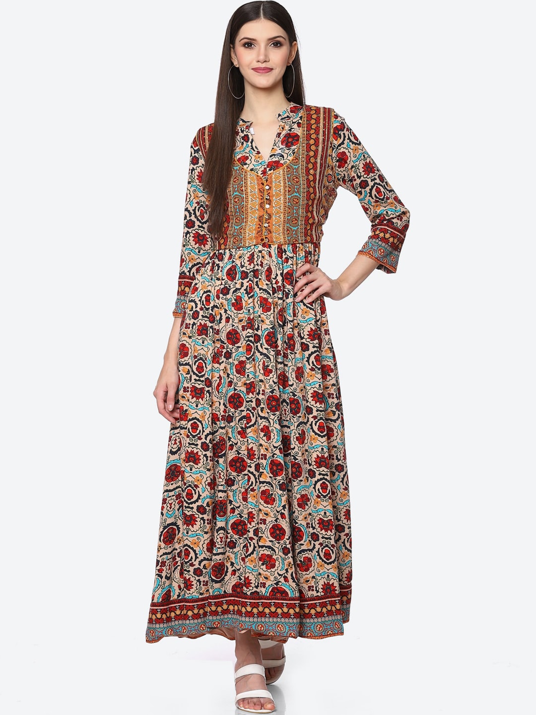 Biba Women Beige Floral Printed Anarkali Kurta - Distacart