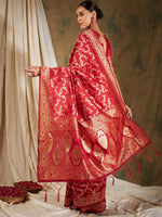 Thumbnail for Sangria Red & Gold-Toned Floral Woven Design Zari Banarasi Saree - Distacart