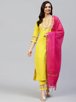 Thumbnail for Kalini Women Yellow Ethnic Motifs Embroidered Thread Work Kurta with Trousers & With Dupatta - Distacart