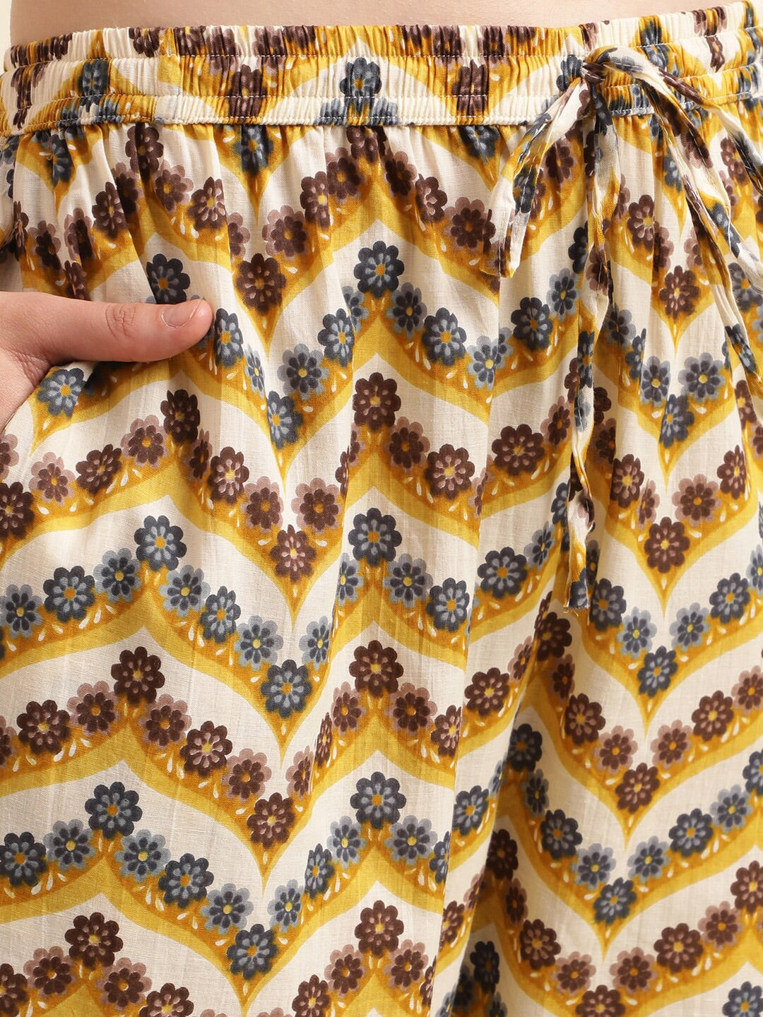 Sangria Beige Floral Printed Mirror Work Pure Cotton Kurta With Trousers & Dupatta - Distacart