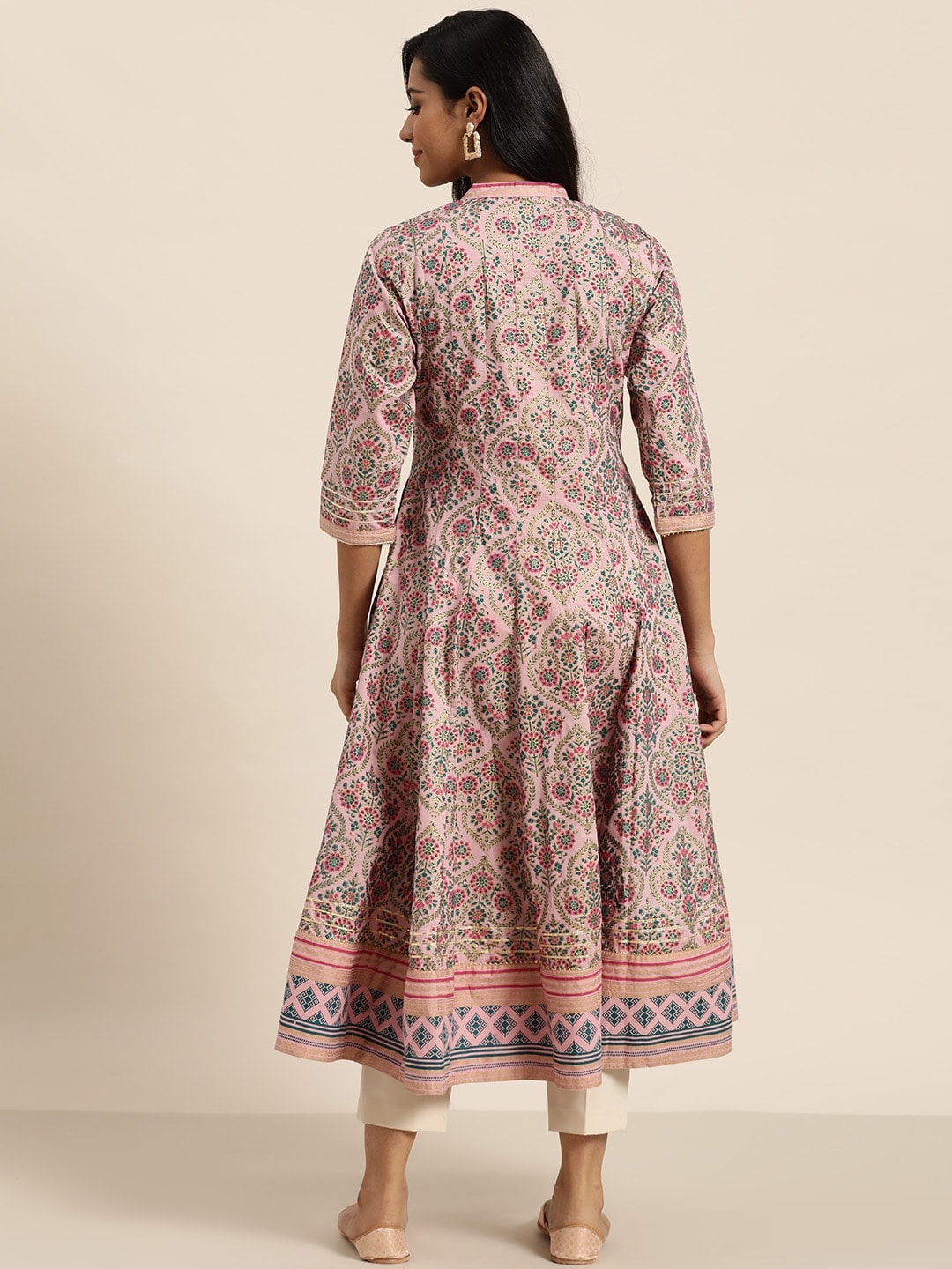 Sangria Women Pink & Green Ethnic Print Anarkali Kurta - Distacart