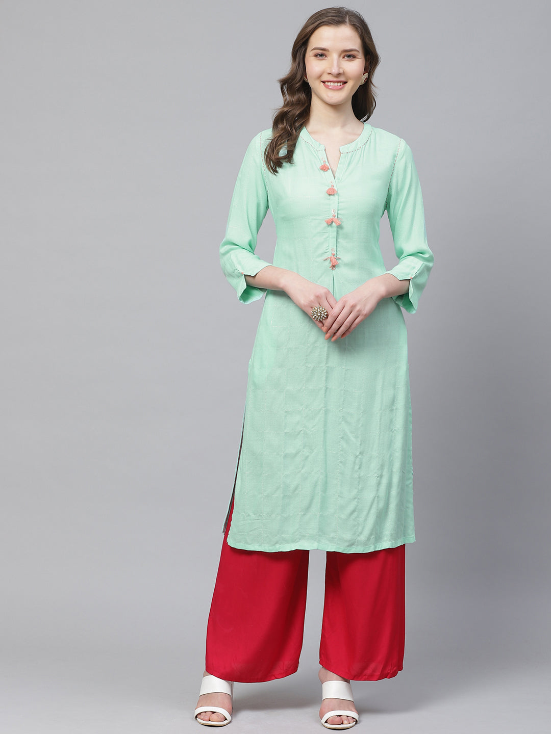 Biba Women Blue & Silver Checked Straight Kurta - Distacart