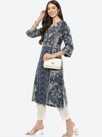 Thumbnail for Biba Women Navy Blue & Off White Ethnic Motifs Print Straight Kurta - Distacart