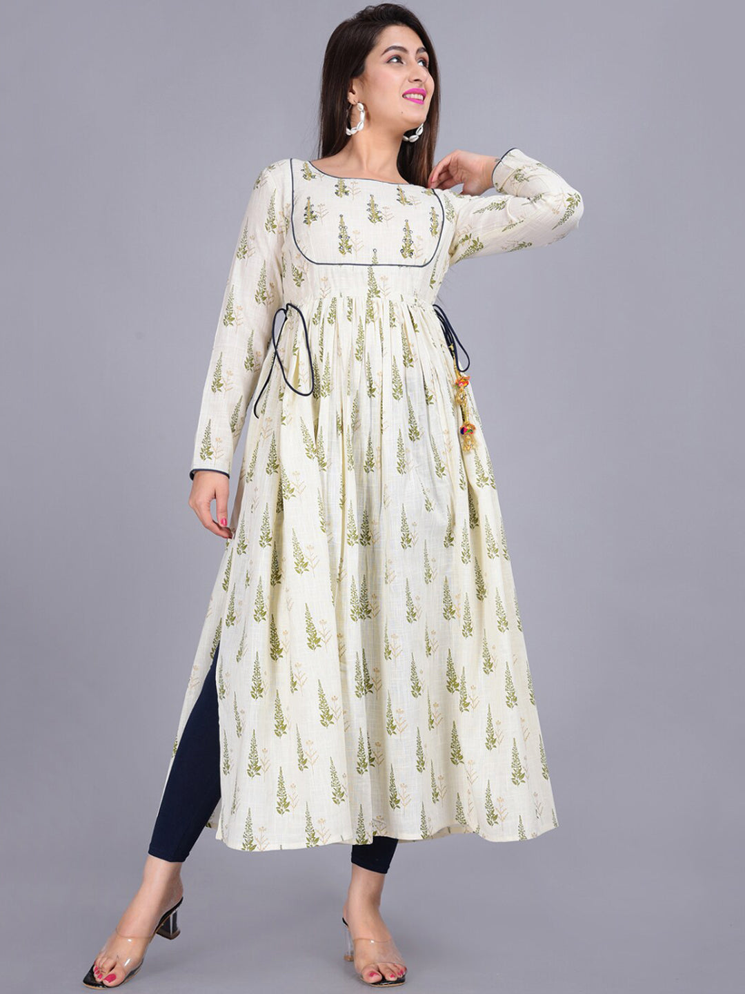 Kalini Women Beige & Green Ethnic Motifs Printed Anarkali Kurta - Distacart