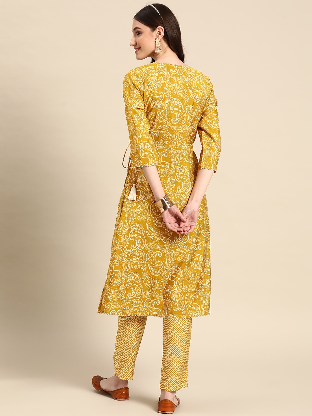 Sangria Women Mustard Yellow Ethnic Motifs Printed Angrakha Gotta Patti Kurta with Trousers - Distacart