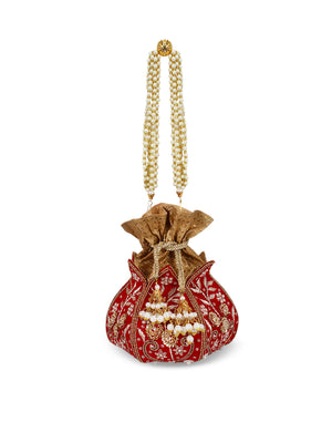 Anekaant Red & Gold-Toned Embroidered Potli Clutch - Distacart