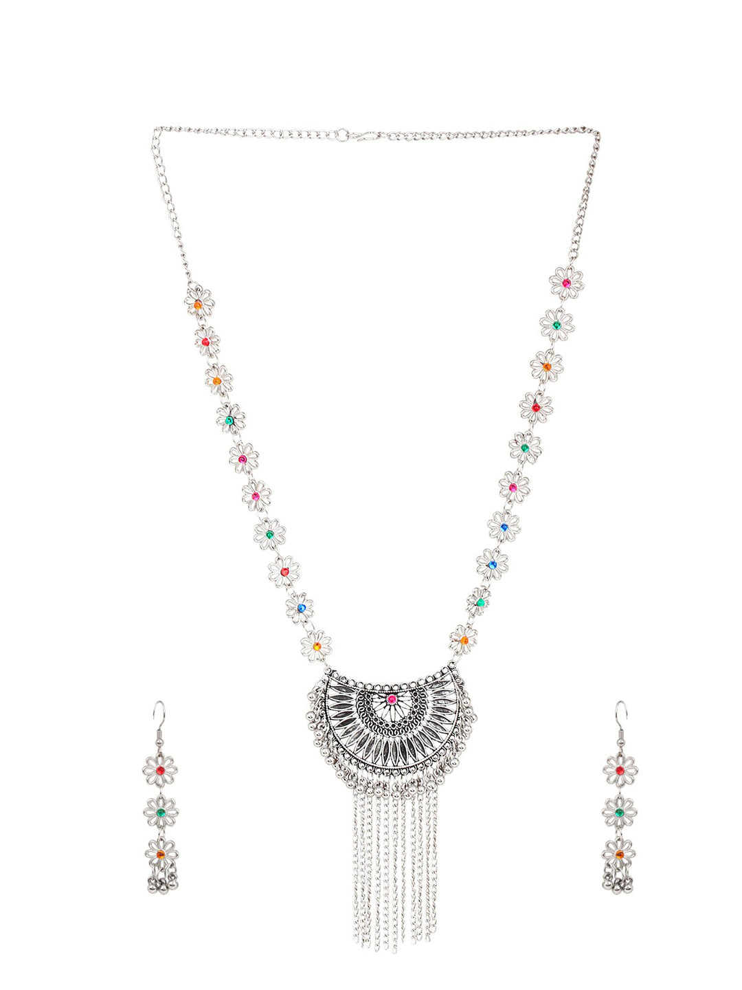 Cardinal Women Silver-Toned Pink & Yellow Stone Studded Jewellery Set - Distacart