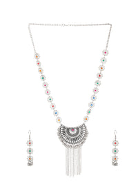 Thumbnail for Cardinal Women Silver-Toned Pink & Yellow Stone Studded Jewellery Set - Distacart
