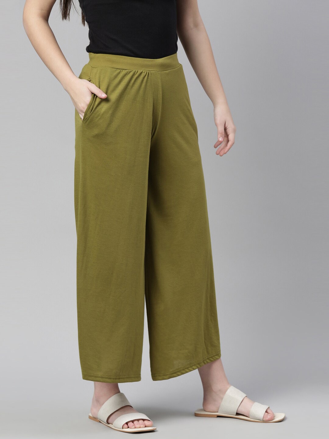 Souchii Olive Green Knitted Ethnic Palazzos - Distacart