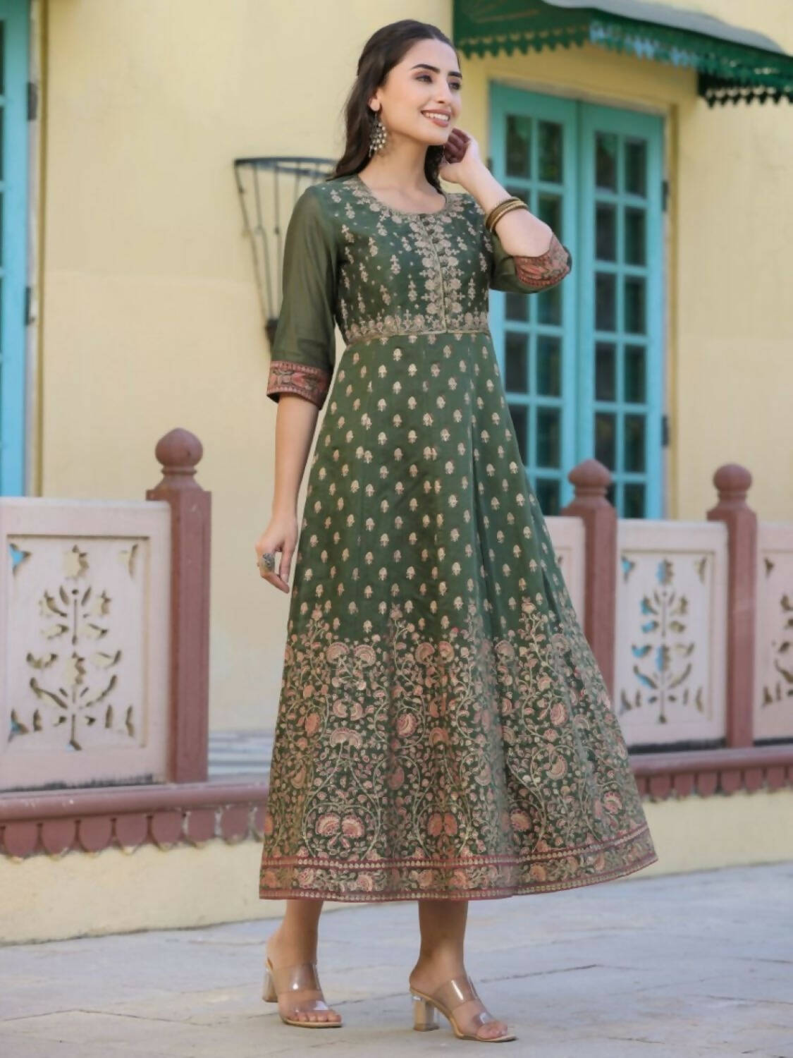 Juniper Women Olive Chanderi Printed Maxi Dress with Embroidered Yoke - Distacart