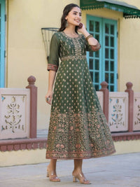 Thumbnail for Juniper Women Olive Chanderi Printed Maxi Dress with Embroidered Yoke - Distacart