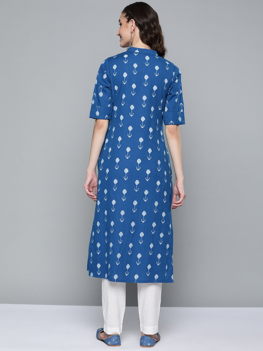 HERE&NOW Women Blue & White Ethnic Motifs Printed Kurta - Distacart