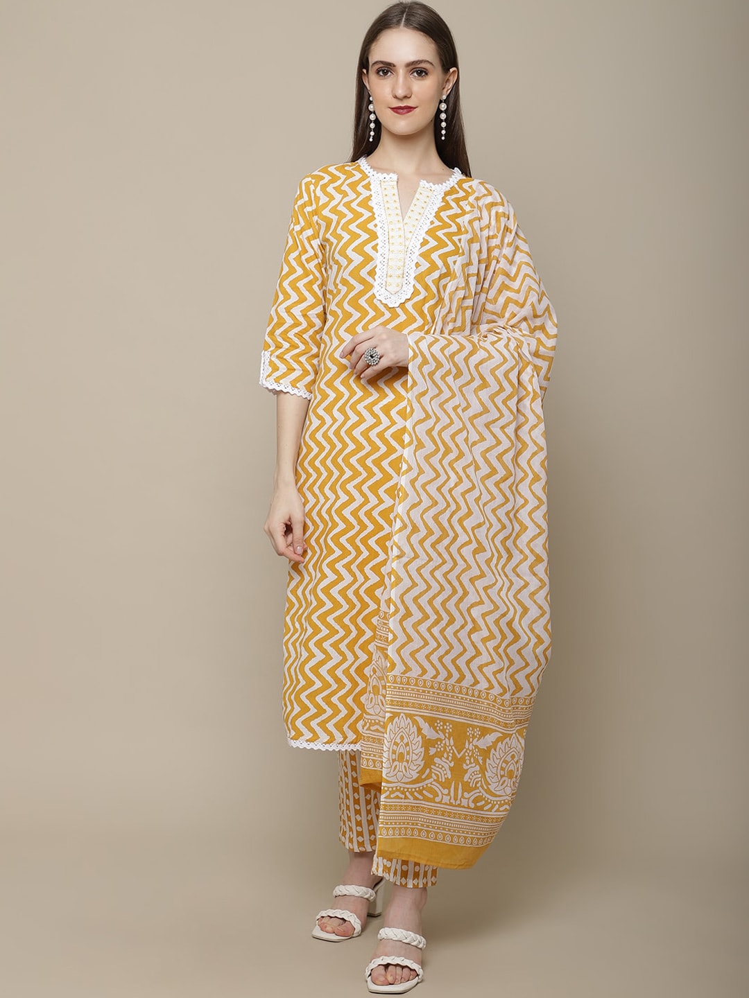 Sangria Women Yellow Printed Pure Cotton Kurti with Trousers & Dupatta Set - Distacart