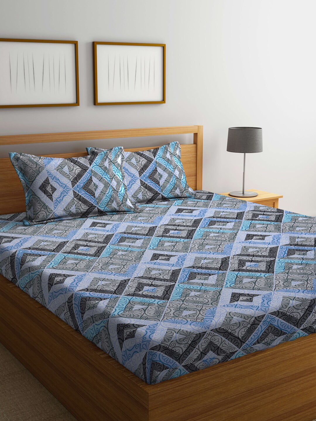 BOMBAY DYEING Epigram Blue & Grey Ethnic Cotton 120 TC Queen Bedsheet With 2 Pillow Covers - Distacart