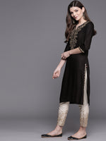 Thumbnail for Biba Women Black & Cream-Coloured Embroidered Kurta with Trousers - Distacart