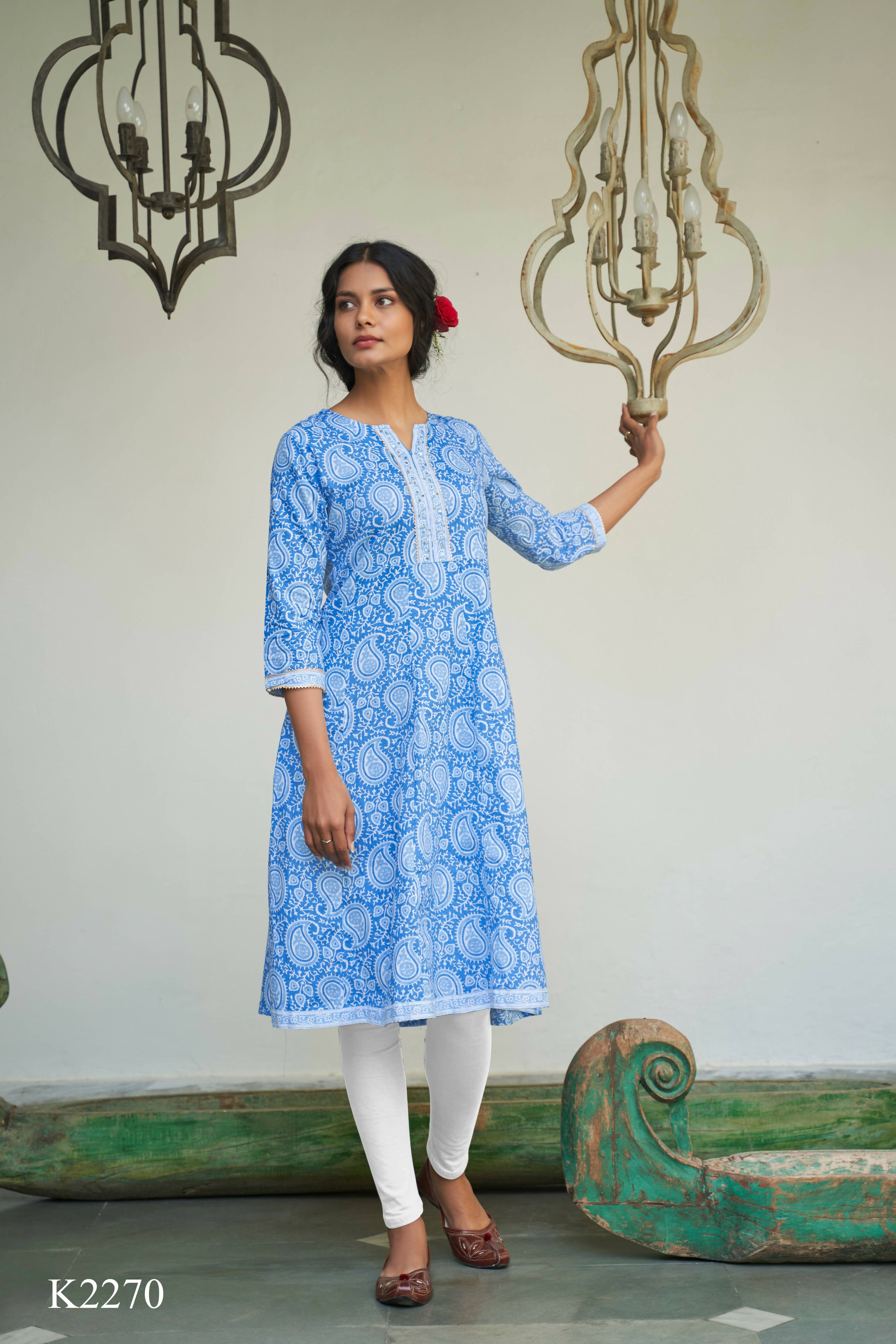 Blue Cotton Paisley Printed A line Kurta - Prasuti - Distacart
