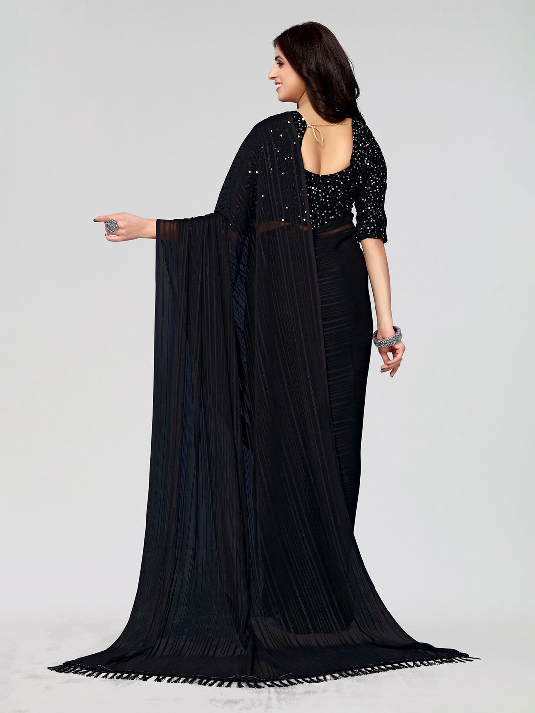 Kalini Black Striped Sequinned Poly Georgette Saree - Distacart
