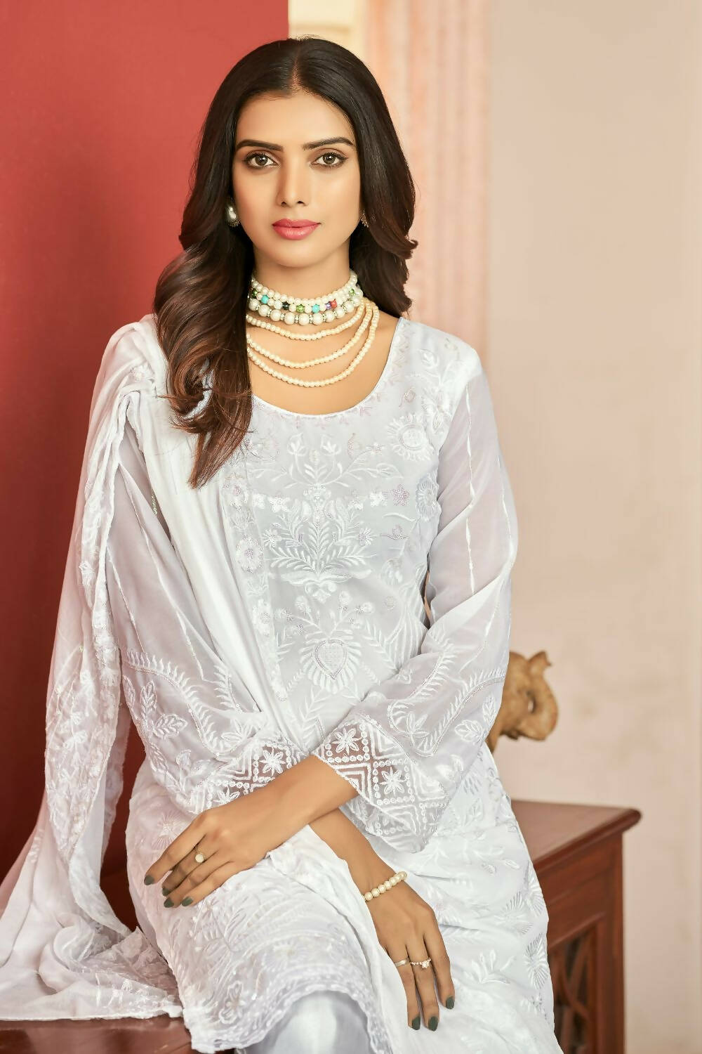 White Heavy Faux Georgette Embroidered Semi Stitched Suit - Dhvani - Distacart