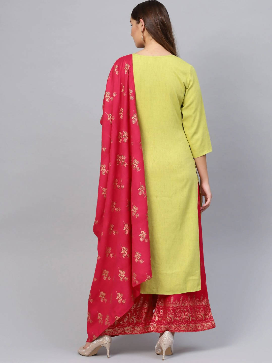 Yufta Women Green & Pink Embroidered Kurta with Palazzo & Dupatta