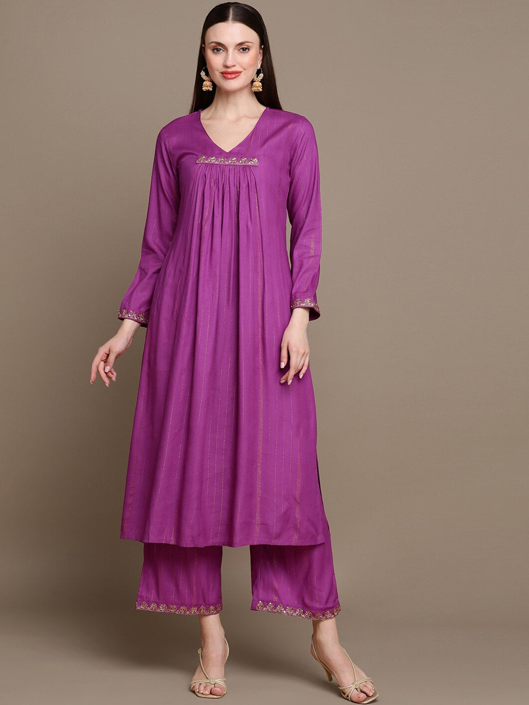 HERE&NOW Striped Zari Pleated A-Line Kurta with Palazzos - Distacart