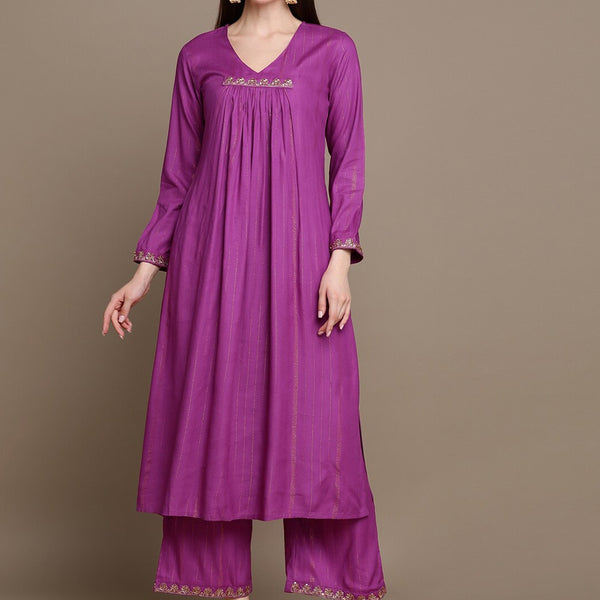 HERE&NOW Striped Zari Pleated A-Line Kurta with Palazzos - Distacart