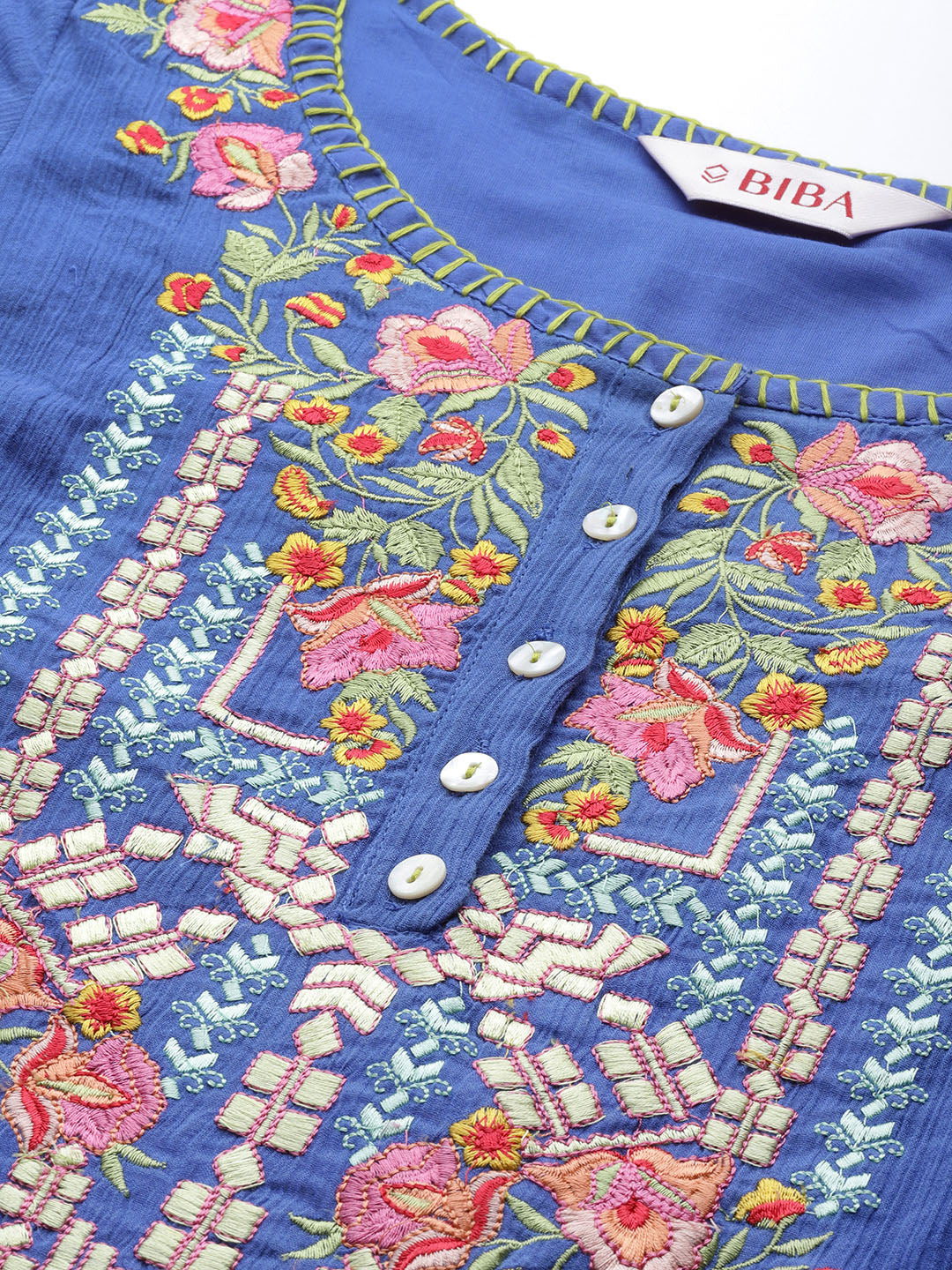 Biba Women Blue Pure Cotton Floral Embroidered Mirror Work Kurta - Distacart