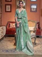 Thumbnail for Mitera Women Green Floral Zari Pure LinenWoven Design Festive Saree With Matching Blouse - Distacart