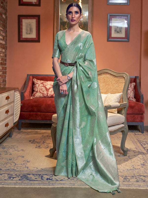 Mitera Women Green Floral Zari Pure LinenWoven Design Festive Saree With Matching Blouse - Distacart
