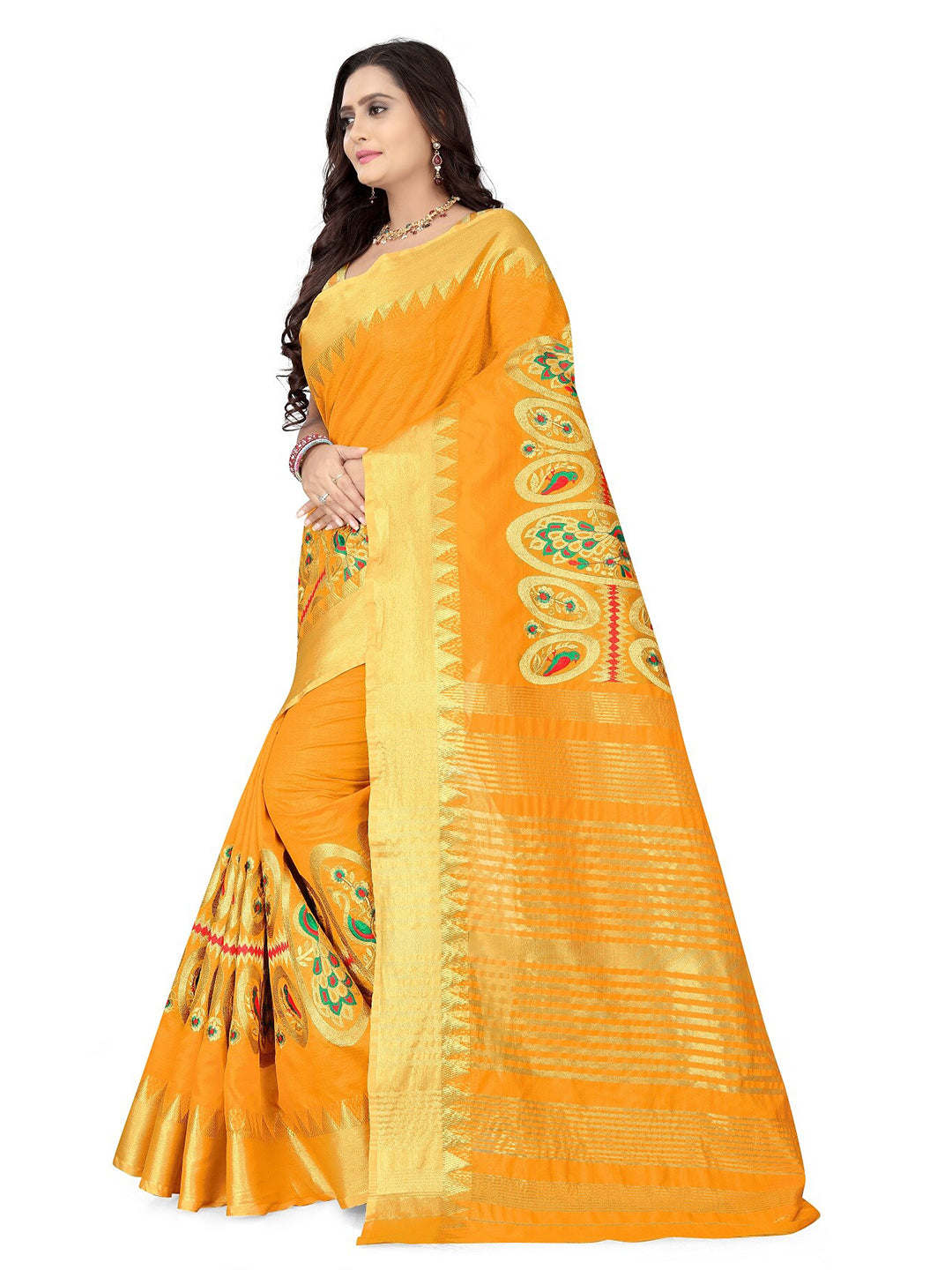 Kalini Yellow & Gold-Toned Woven Design Zari Silk Cotton Bagh Saree - Distacart