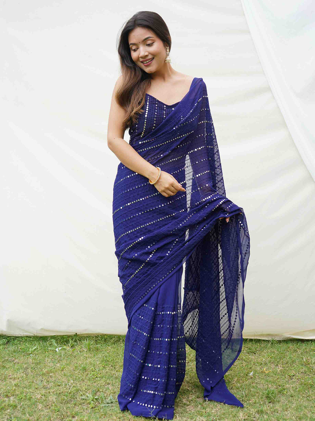 Mitera Embellished Sequinned Pure Georgette Saree - Distacart