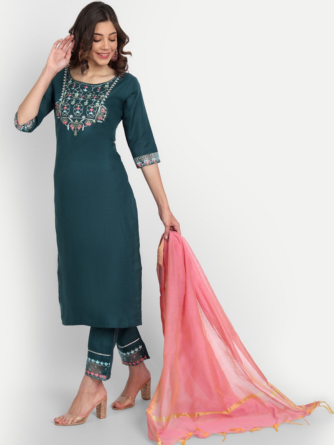 Kalini Floral Yoke Design Regular Thread Work Kurta with Trousers & With Dupatta - Distacart