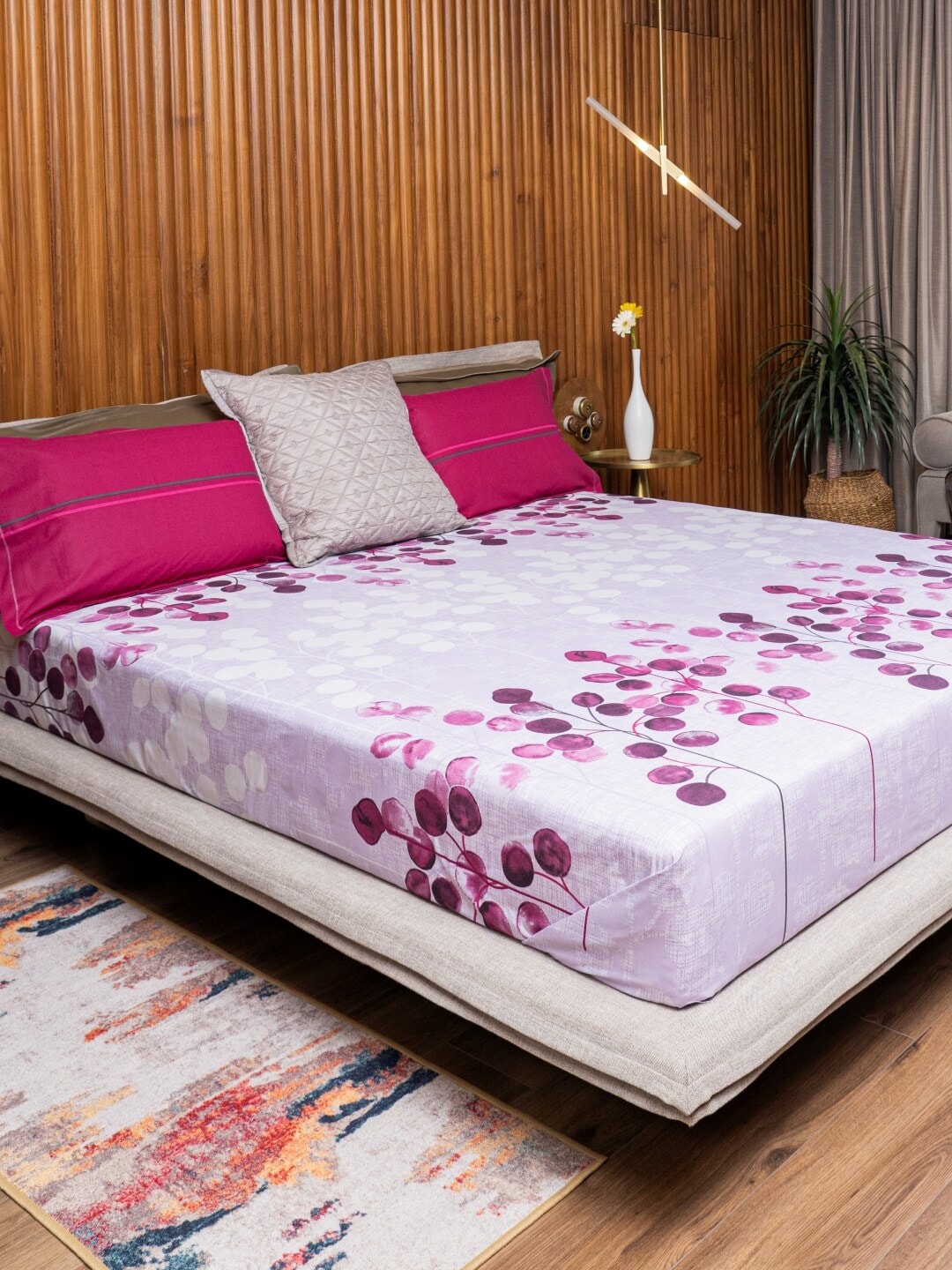 URBAN SPACE Divine Purple Floral 144 TC Pure Cotton Queen Bedsheet With 2 Pillow Covers - Distacart
