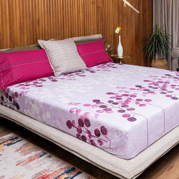URBAN SPACE Divine Purple Floral 144 TC Pure Cotton Queen Bedsheet With 2 Pillow Covers - Distacart