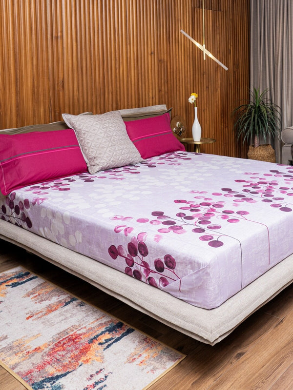 URBAN SPACE Divine Purple Floral 144 TC Pure Cotton Queen Bedsheet With 2 Pillow Covers - Distacart