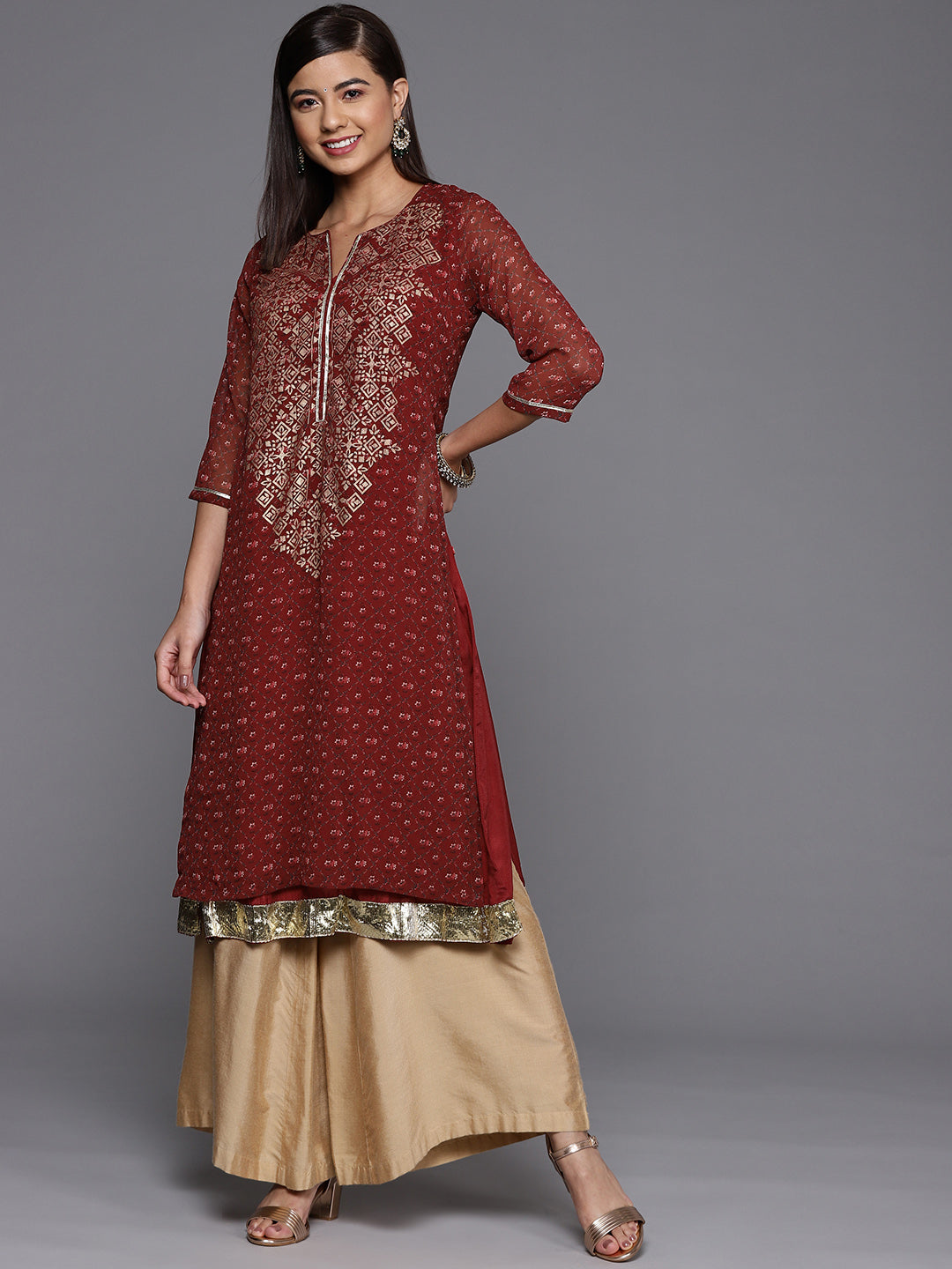 Biba Women Maroon & Beige Ethnic Motifs Printed Kurta - Distacart