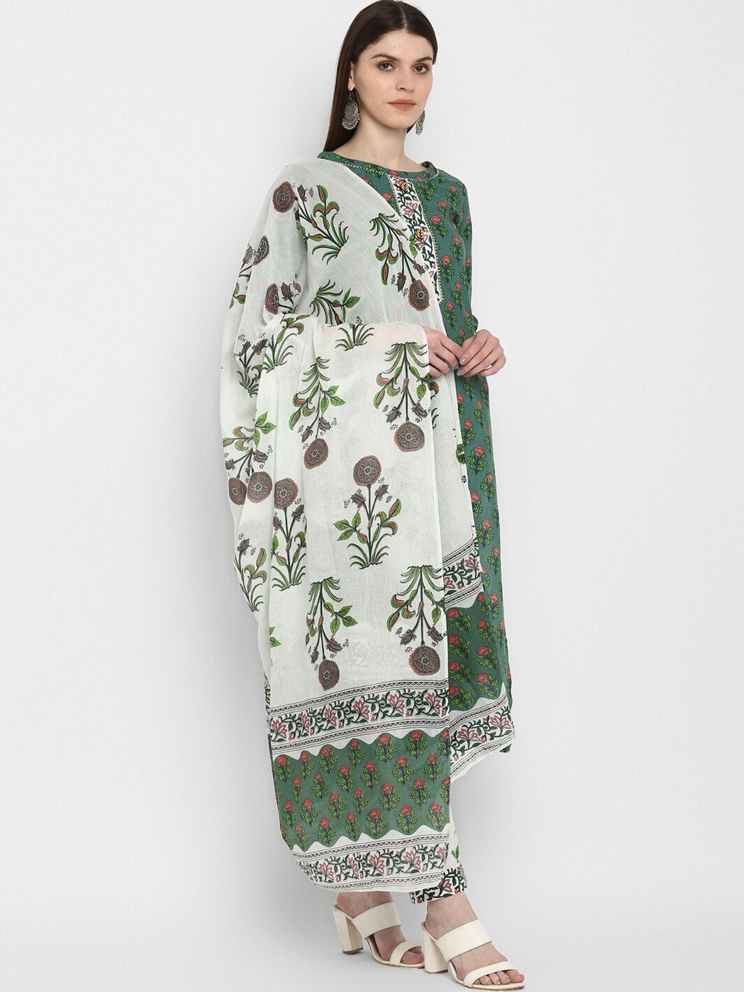 Kalini Women Green Floral Printed Pure Cotton Kurta with Trousers & Dupatta - Distacart