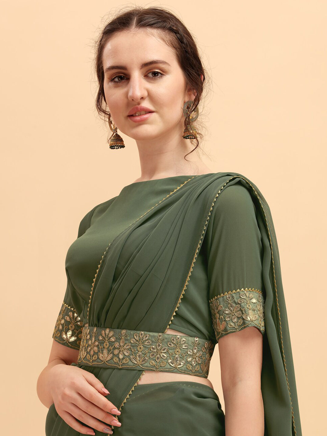 Sangria Olive & Golden Embellished Gotta Patti Saree - Distacart