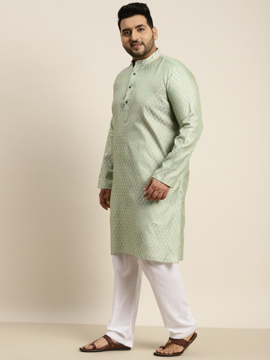 Sojanya Plus Men Green Jacquard Self Design Kurta with Pyjamas - Distacart