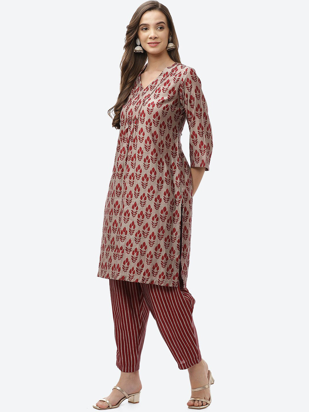 Biba Women Maroon Ethnic Motifs Printed Kurta with Trousers - Distacart