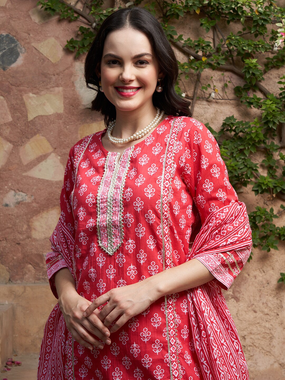 Sangria Printed Pure Cotton Kurta With Trouser & Dupatta - Distacart