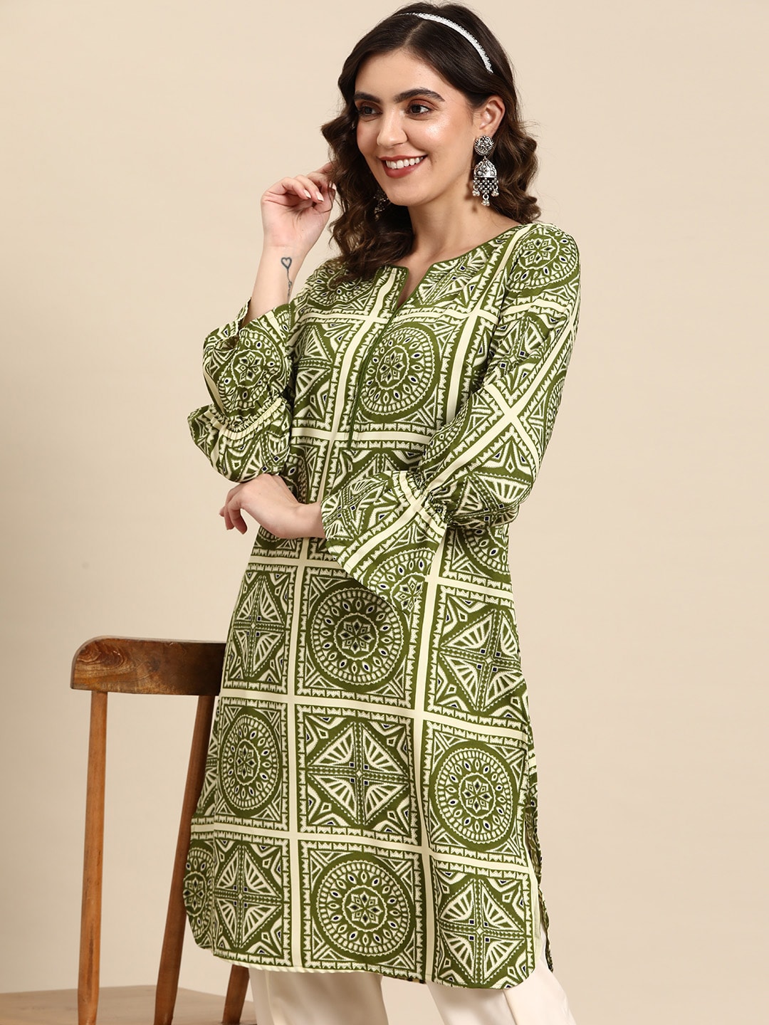 Sangria Ethnic Motifs Printed Puff Sleeves Kurta with Dhoti Pants - Distacart