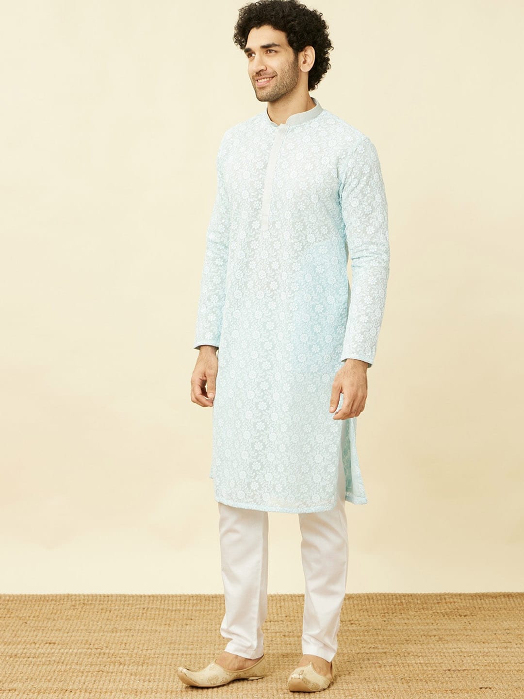 Manyavar Floral Chikankari Embroidered Regular Thread Work Kurta With Pyjamas - Distacart