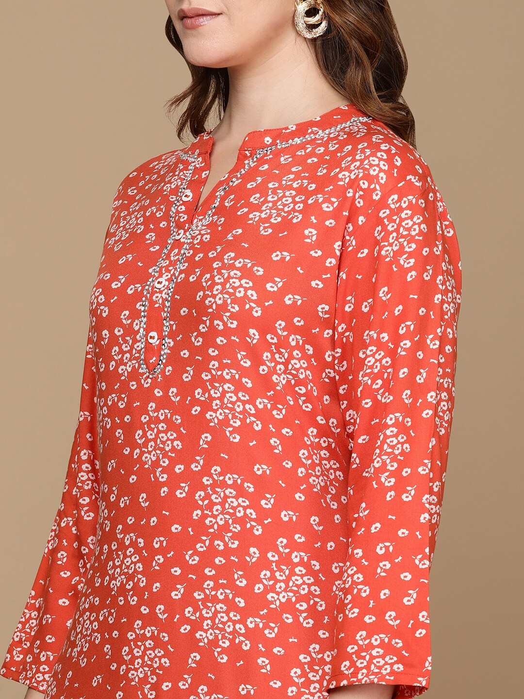 HERE&NOW Rust Orange & White Floral Printed Straight Kurta - Distacart